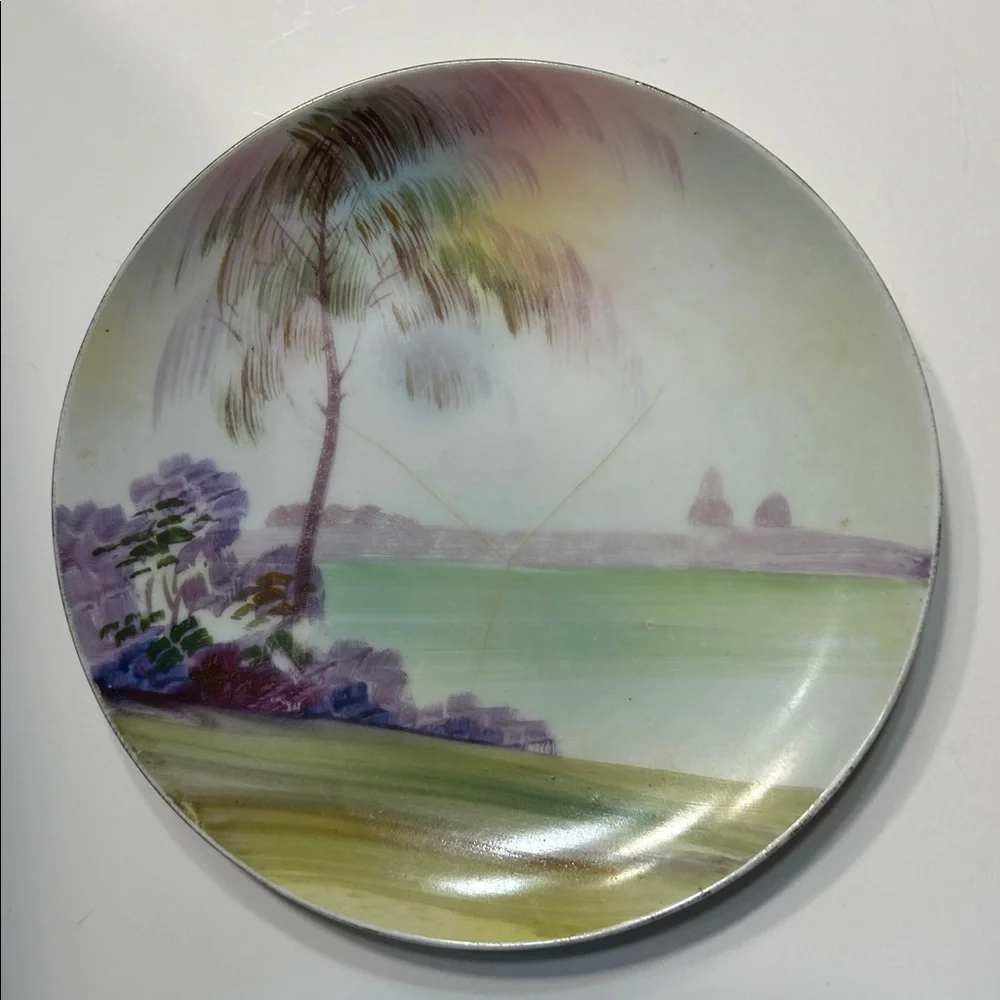 Antique Nippon Hand‎ Painted Porcelain Plate Palm Tree Landscape Scene 6.25 inch